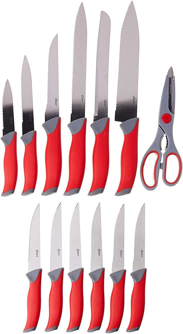 Oster Lindbergh 14pc Stainless Steel Cutlery Set w/ Color Stained Wood Block - TPR/PP Handle - Gift Box