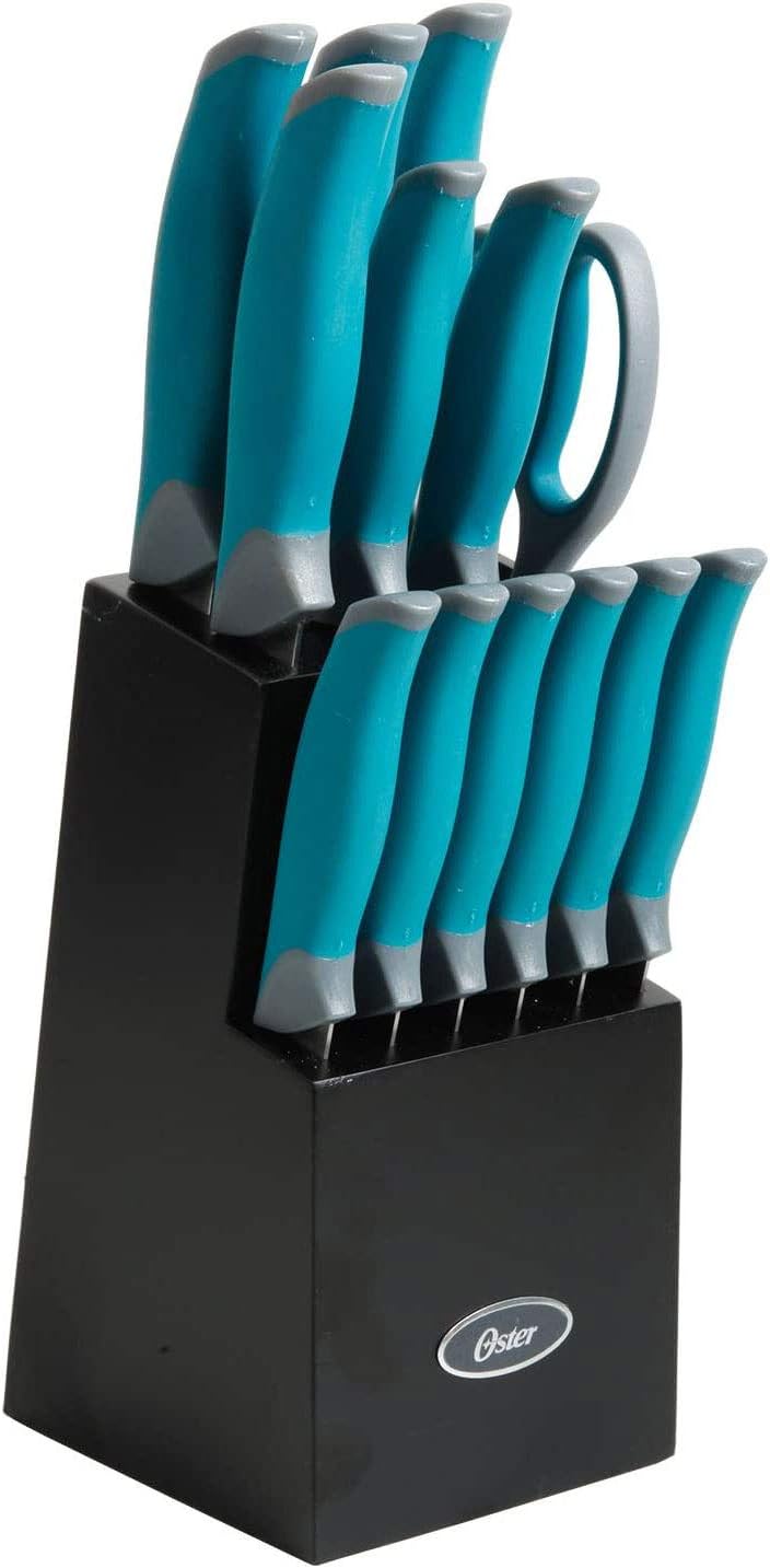 Oster Lindbergh 14pc Stainless Steel Cutlery Set w/ Color Stained Wood Block - TPR/PP Handle - Gift Box