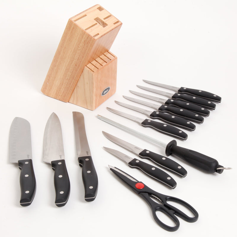 Oster Granger 14pc Cutlery Set w/ Rubberwood Block - Black ABS Handle - Satin Finish - Full Tang w/ Triple Rivets - SS - GBX