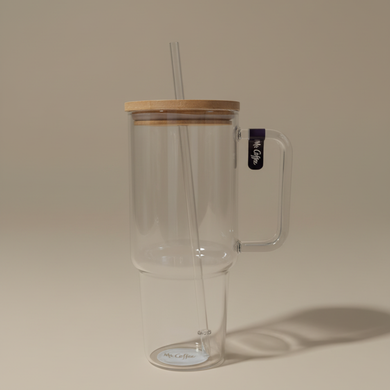 Mr. Coffee Crafted Calm 34oz Borosilicate Glass Travel Mug w/ PP Straw & Bamboo Lid - Open Stock w/ UPC Label
