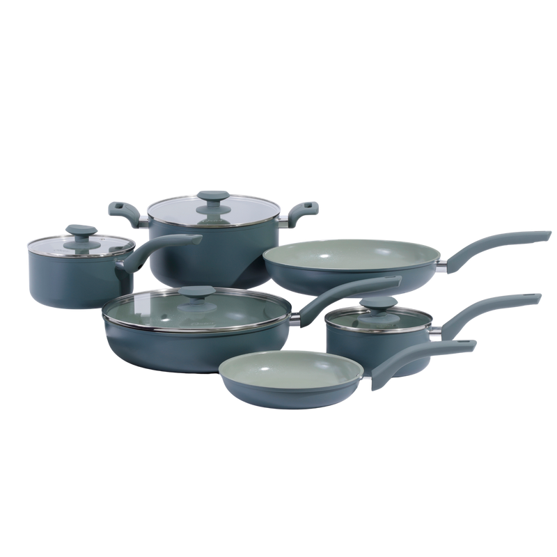 Oster Sutterville Choice 10pc Aluminum Cookware Set w/ Flat Glass Lid - Ceramic Non-Stick Interior - Soft Touch Handle - Gift Box w/ Remailer