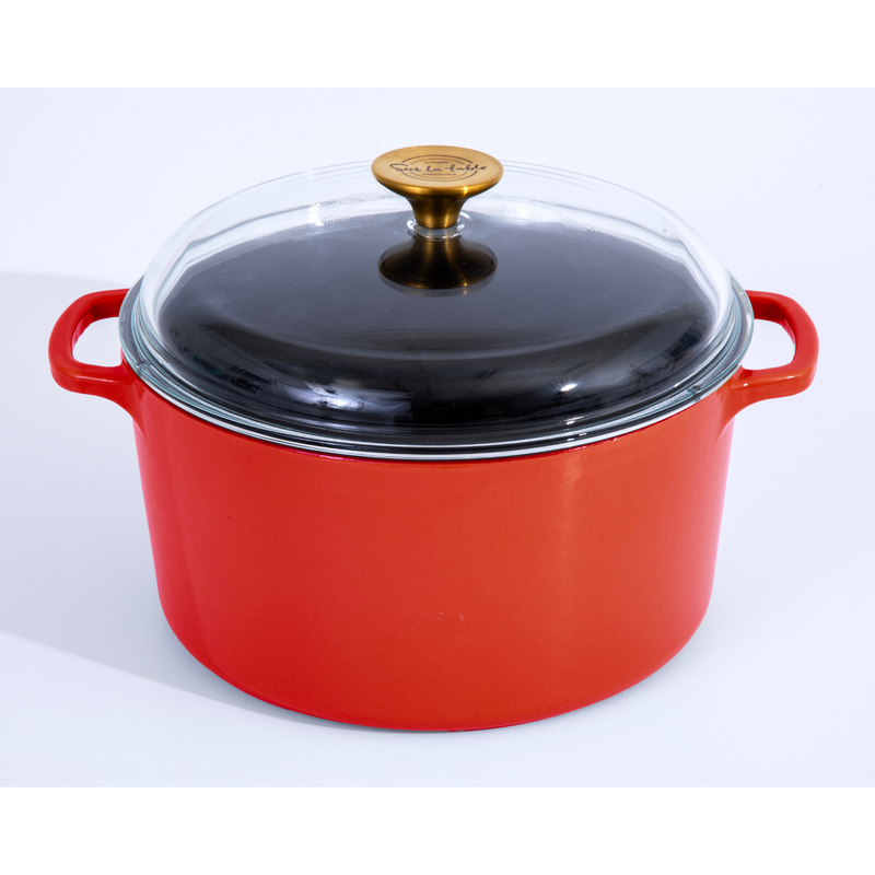 Sur La Table Kitchen Essentials Supper Club 5.5 qt Enamel Cast Iron Dutch Oven w/ Borosilicate Lid - Glossy Enamel In/Ext - Stainless Steel Knob -Enameled - Color Sleeve w/ RM