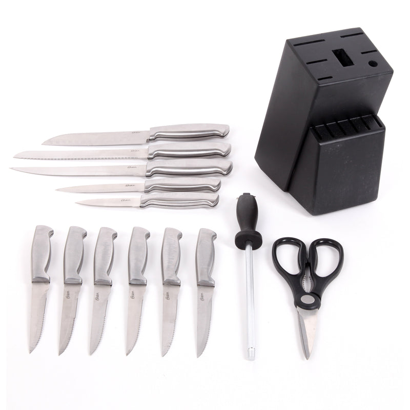 Oster Baldwyn 14pc Stainless Steel Cutlery Set w/ Black Wood Swivel Block - Brushed Satin - Gift Box