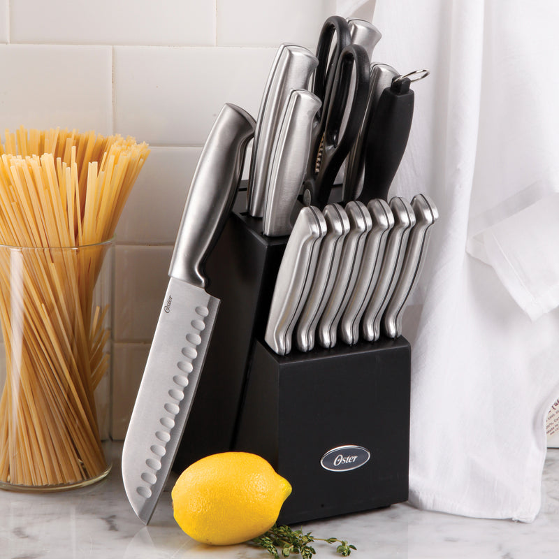Oster Baldwyn 14pc Stainless Steel Cutlery Set w/ Black Wood Swivel Block - Brushed Satin - Gift Box