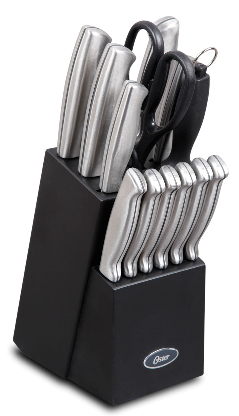 Oster Baldwyn 14pc Stainless Steel Cutlery Set w/ Black Wood Swivel Block - Brushed Satin - Gift Box