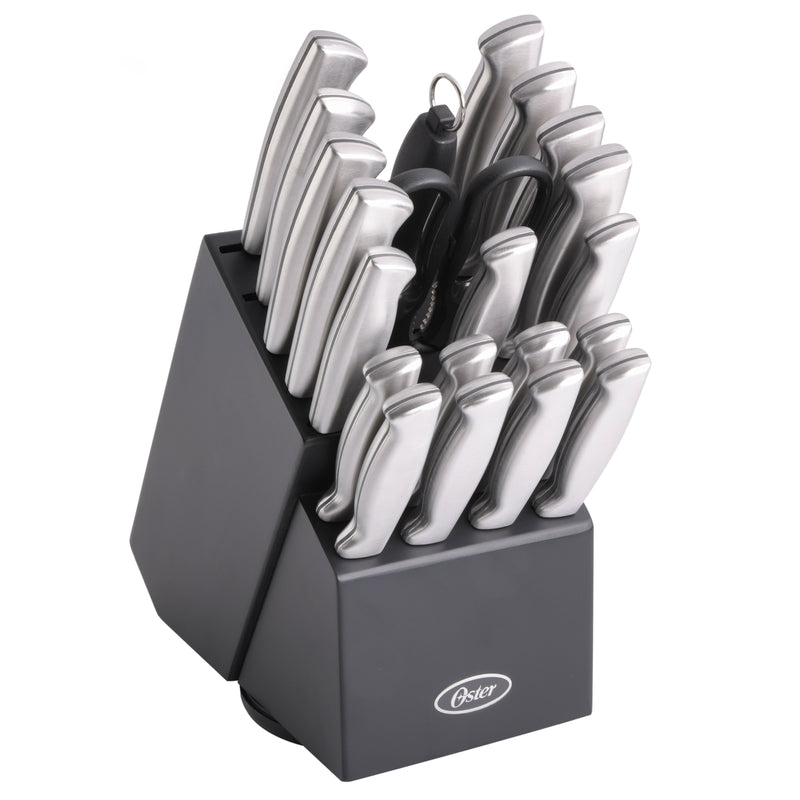 Oster Baldwyn 22pc Stainless Steel Cutlery Set w/ Black Wood Swivel Block - Brushed Satin - Gift Box