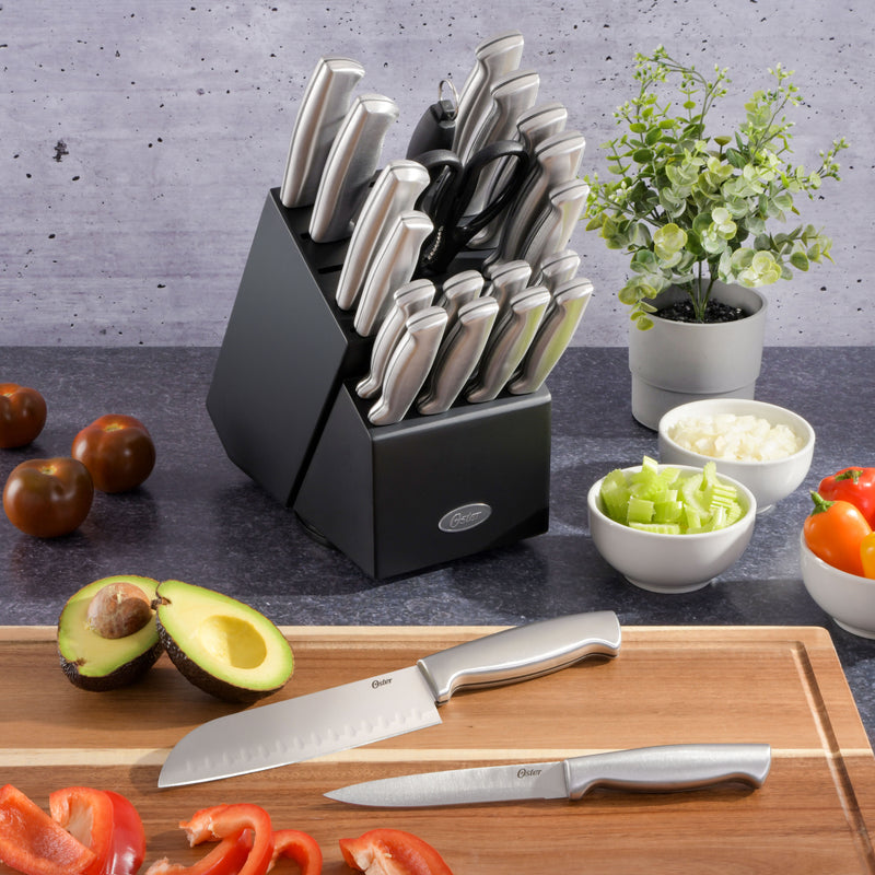 Oster Baldwyn 22pc Stainless Steel Cutlery Set w/ Black Wood Swivel Block - Brushed Satin - Gift Box