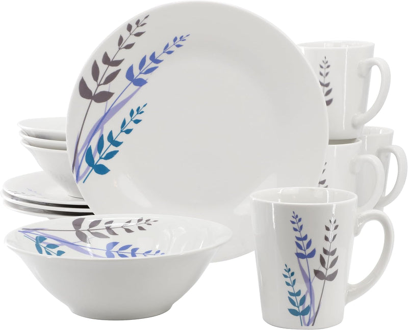Gibson Home Blue Leaves 12pc Dinnerware Set -Decorated - Fine Ceramic - Gift Box