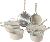 Martha Stewart Heathland 10pc Aluminum Cookware Set - Linen - Taper Shape - Off White Ceramic Interior - Induction - Silicone Handle - Gift Box w/ Remailer