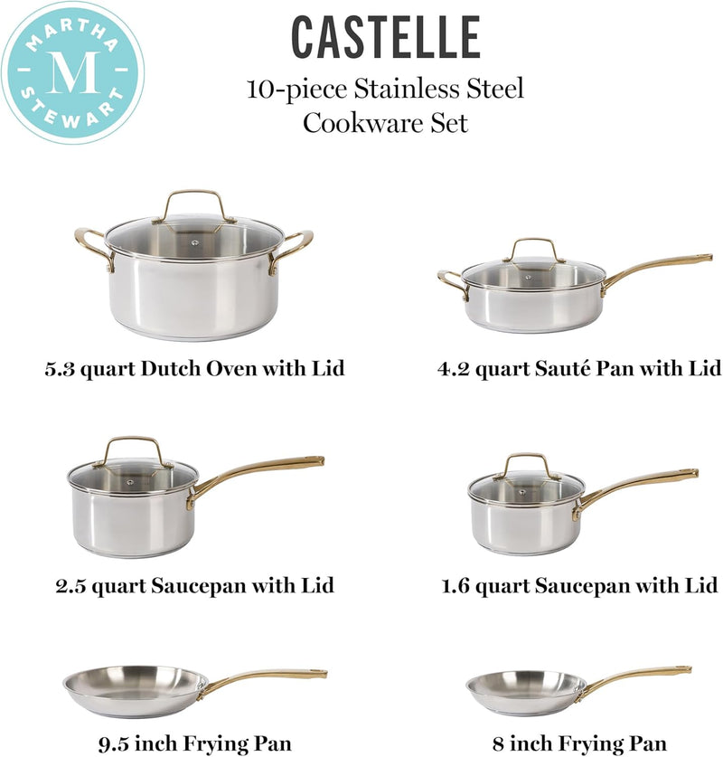 Martha Stewart Castelle 10pc Stainless Steel Cookware Set - Gold Stainless Steel Handles - Impact Bonded Base - Gift Box w/ Remailer