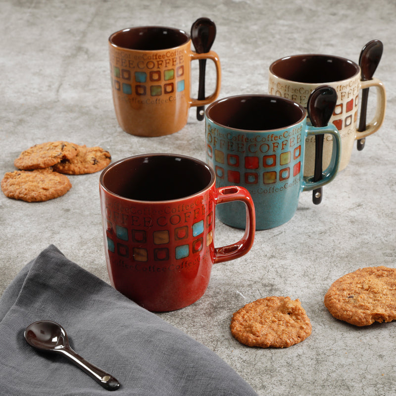 Mr. Coffee Cafe Americano 4pc 14oz Mugs Set w/ Matching Spoons - 4 Assorted Designs - 2 Tone - Stoneware - Gift Box