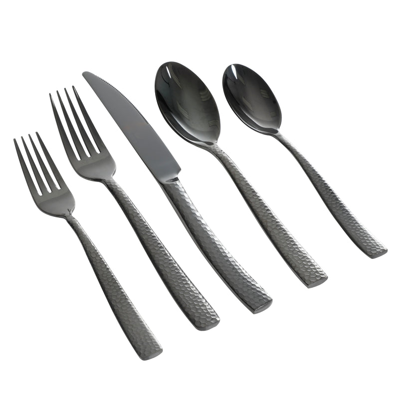 Gibson Elite Stonehenge 20pc Stainless Steel Flatware Set - Hammered Handle - Gift Box Black