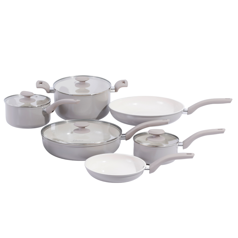 Oster Sutterville Choice 10pc Aluminum Cookware Set w/ Flat Glass Lid - Ceramic Non-Stick Interior - Soft Touch Handle - Gift Box w/ Remailer