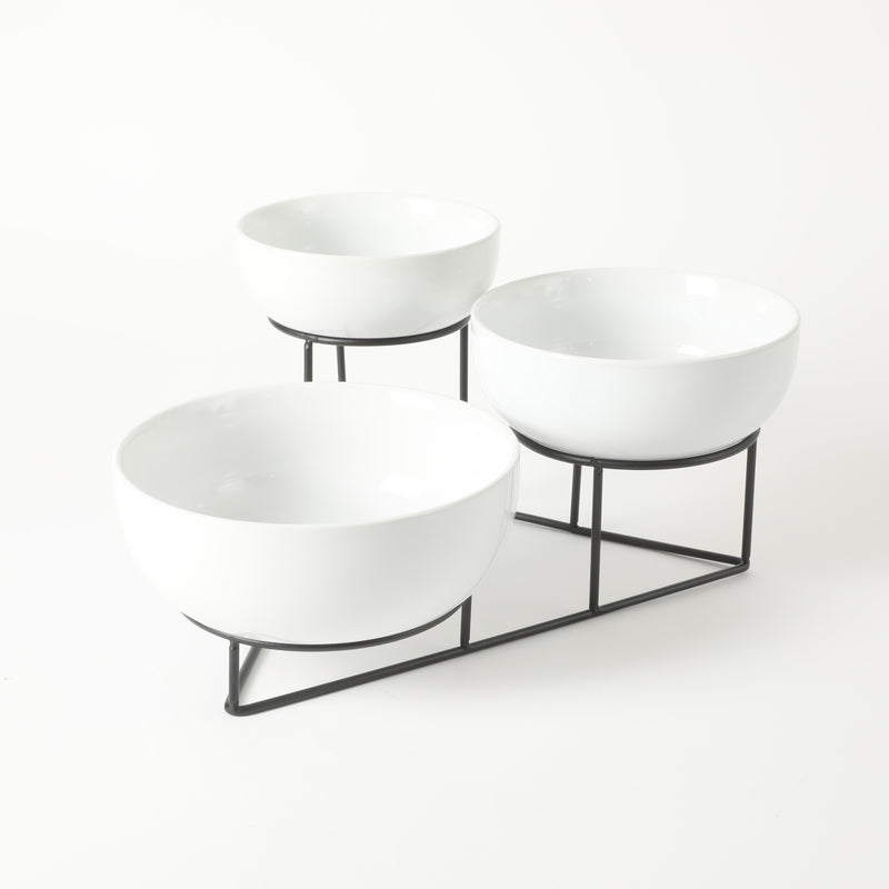 Gibson Elite Gracious Dining 3-Tier Bowl Set w/ Metal Rack - White - Round - Stoneware - Gift Box