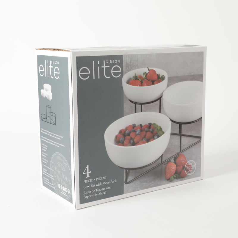 Gibson Elite Gracious Dining 3-Tier Bowl Set w/ Metal Rack - White - Round - Stoneware - Gift Box