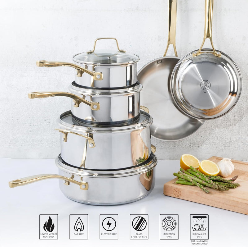 Martha Stewart Castelle 10pc Stainless Steel Cookware Set - Gold Stainless Steel Handles - Impact Bonded Base - Gift Box w/ Remailer
