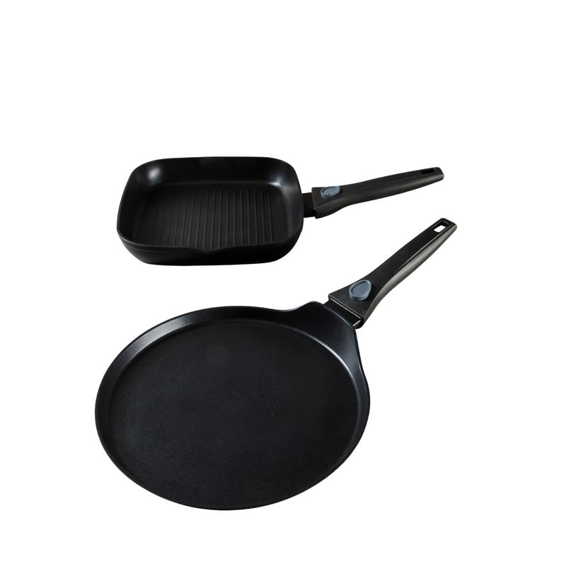 Oster Smarthandle Advance 3 pc Forged Aluminum 10" Round Pancake Pan & 9.5" Square Grill w/ Detachable Handle - Matte Black - Non-Stick Interior - Induction Base - Bakelite Handle - Gift Box (Open Window)
