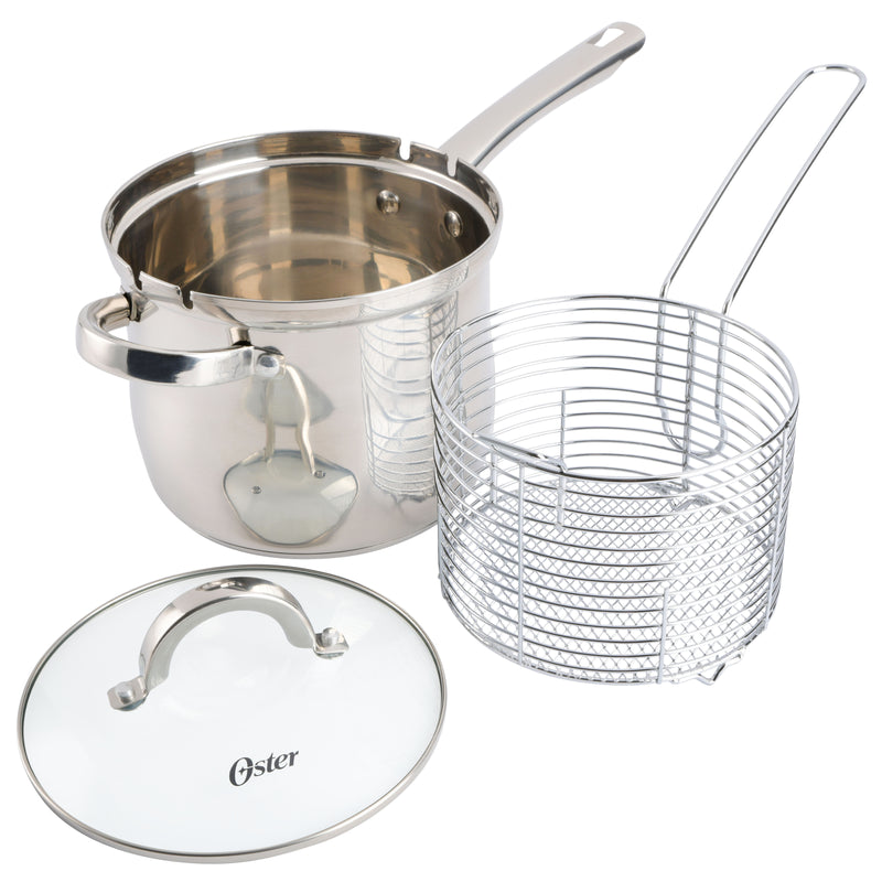 Oster Sangerfield 3pc Stainless Steel 4qt Saucepan w/ Lid + Frying Basket Set - Mirror Finished - Gift Box