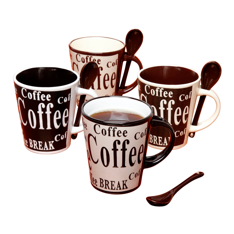 Mr. Coffee Bareggio 4pc 13oz Coffee Mugs Set w/ Matching Spoons - 4 Assorted Designs - Wax Relief - Reactive - Stoneware - Gift Box