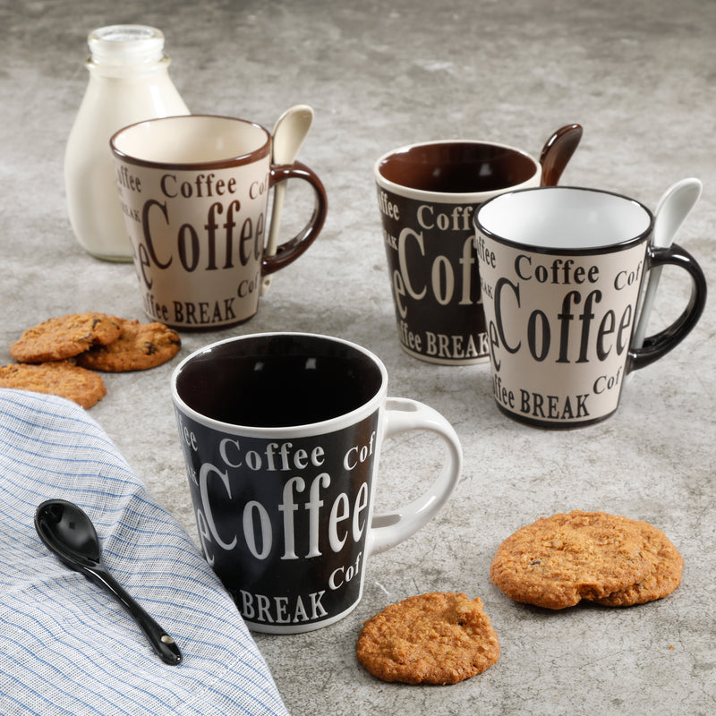 Mr. Coffee Bareggio 4pc 13oz Coffee Mugs Set w/ Matching Spoons - 4 Assorted Designs - Wax Relief - Reactive - Stoneware - Gift Box