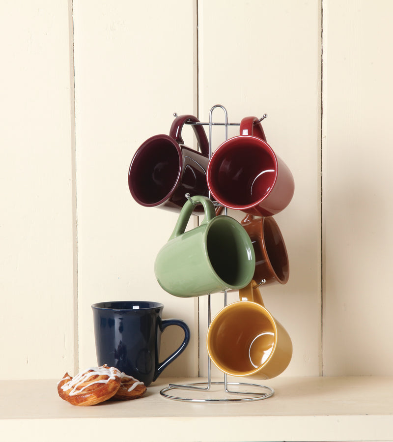 Gibson Home Cafe  Amaretto 6pc 13.4oz Mugs Set w/ Metal Stand - 6 Assorted Colors - Solid Color - Stoneware - Gift Box