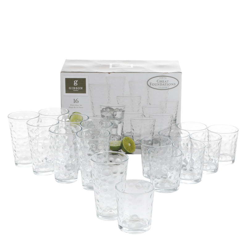 Gibson Home Great Foundations 16pc Glass Tumbler & DOF Set - Bubbles Pattern - Clear - Gift Box