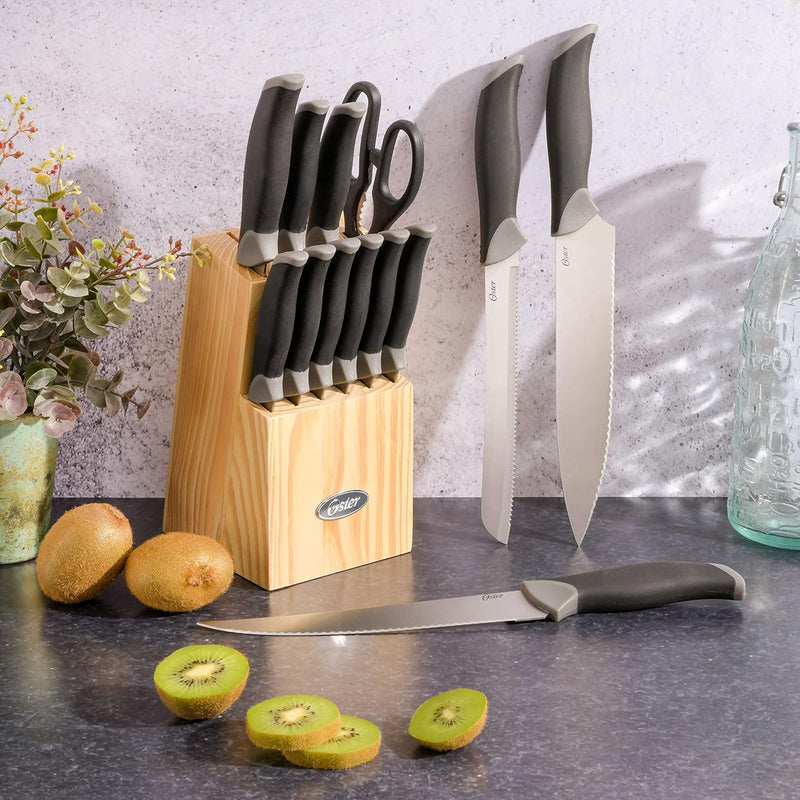 Oster Lindbergh 14pc Stainless Steel Cutlery Set w/ Color Stained Wood Block - TPR/PP Handle - Gift Box