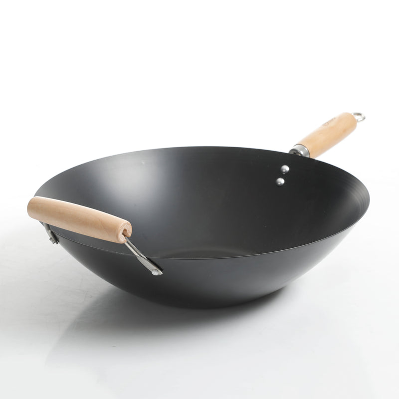 Oster Findley 13.77" Non-Stick Steel Wok - Black - Nonstick Interior - Wood Handle - Color Sleeve