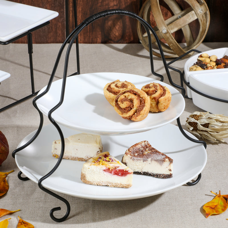 Gibson Home Gracious Dining 2-Tier 10.5" & 8" Serving Plates w/ Metal Stand - White - Stoneware - GBX