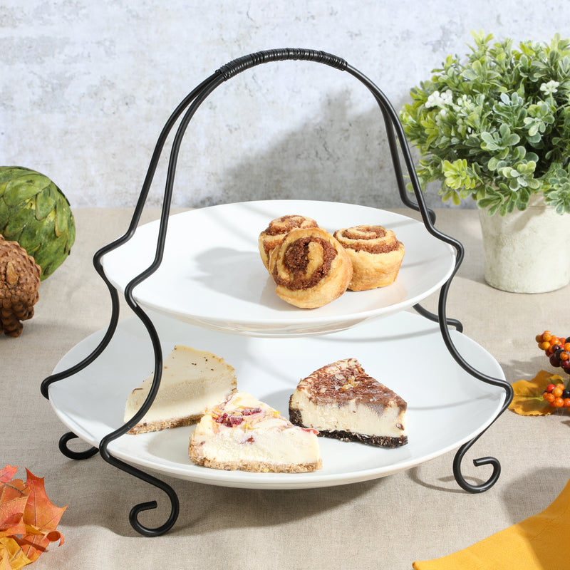 Gibson Home Gracious Dining 2-Tier 10.5" & 8" Serving Plates w/ Metal Stand - White - Stoneware - GBX