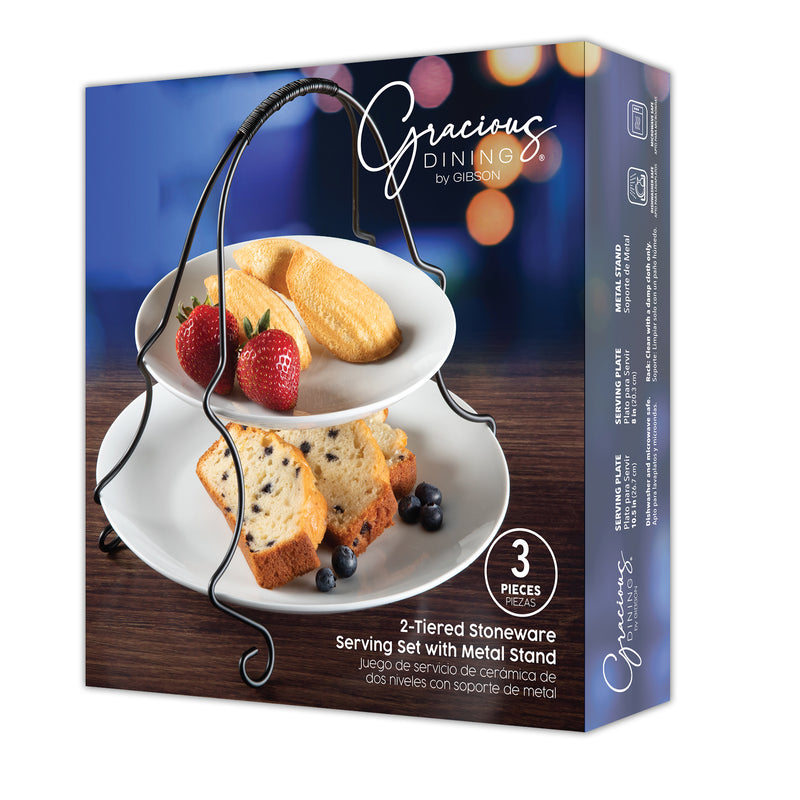 Gibson Home Gracious Dining 2-Tier 10.5" & 8" Serving Plates w/ Metal Stand - White - Stoneware - GBX