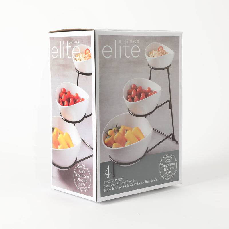 Gibson Elite Gracious Dining 3-Tier Serving Set w/ Bowls & Metal Stand - White - Oval - Stoneware - Gift Box