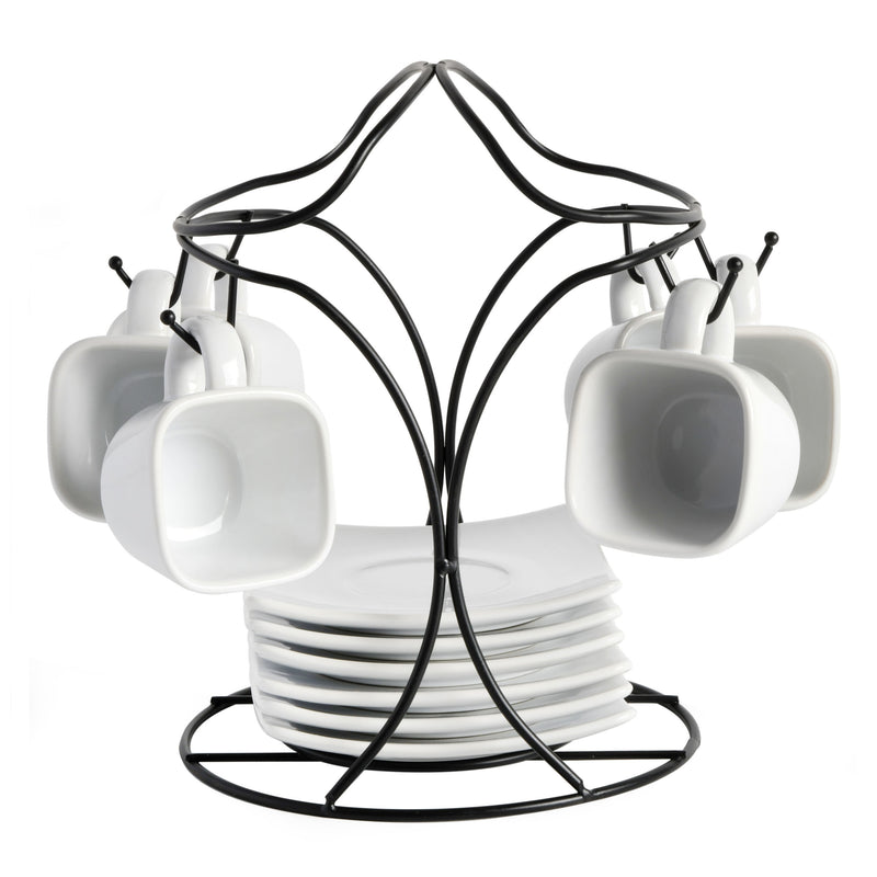 Gibson Elite Gracious Dining 3.25oz Espresso & Saucer Set w/ Metal Stand - White - Stoneware - Gift Box