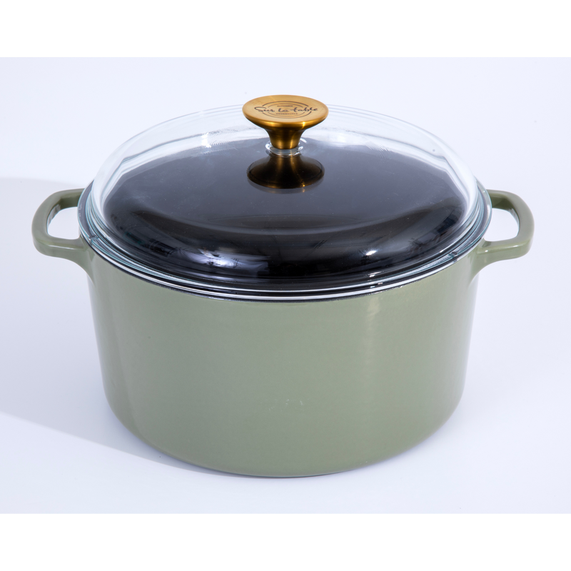 Sur La Table Kitchen Essentials Supper Club 5.5 qt Enamel Cast Iron Dutch Oven w/ Borosilicate Lid - Glossy Enamel In/Ext - Stainless Steel Knob -Enameled - Color Sleeve w/ RM