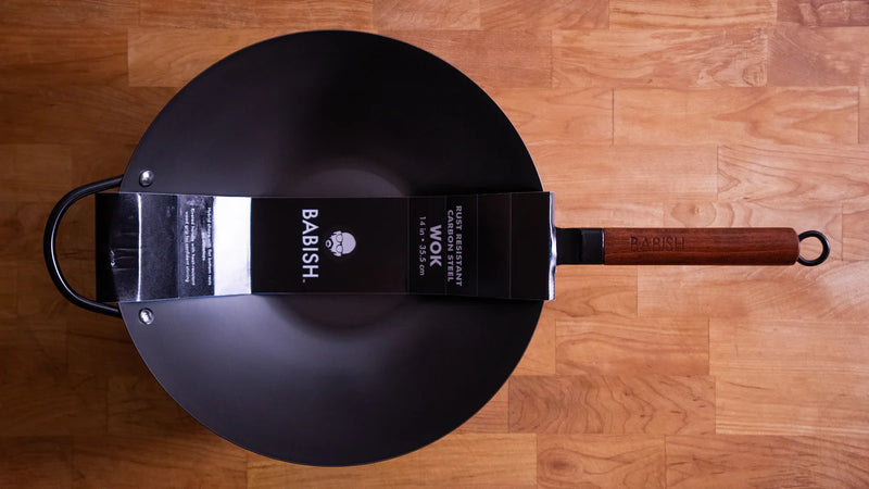 Babish 14" Rust Resistant Carbon Steel Wok - Wood Handle - Gift Box w/ Remailer
