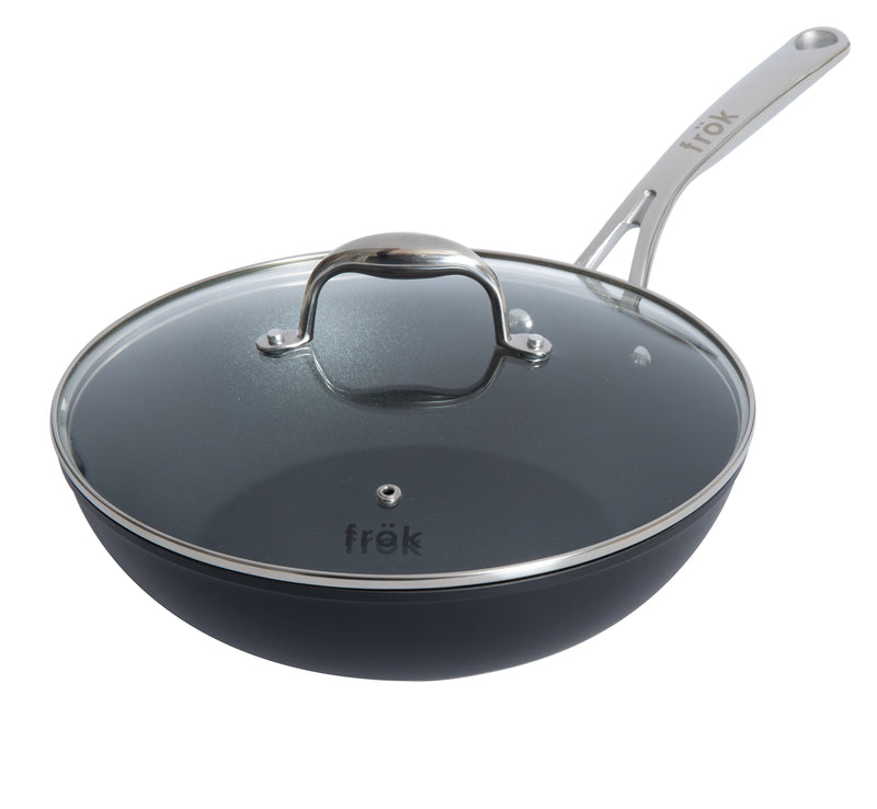 Frok 11" Aluminum Frok (Fry Pan / Wok Hybrid) w/ Glass Lid - Platinum SR Non-Stick - Matte Exterior - Stainless Steel Handle - Colored Remailer