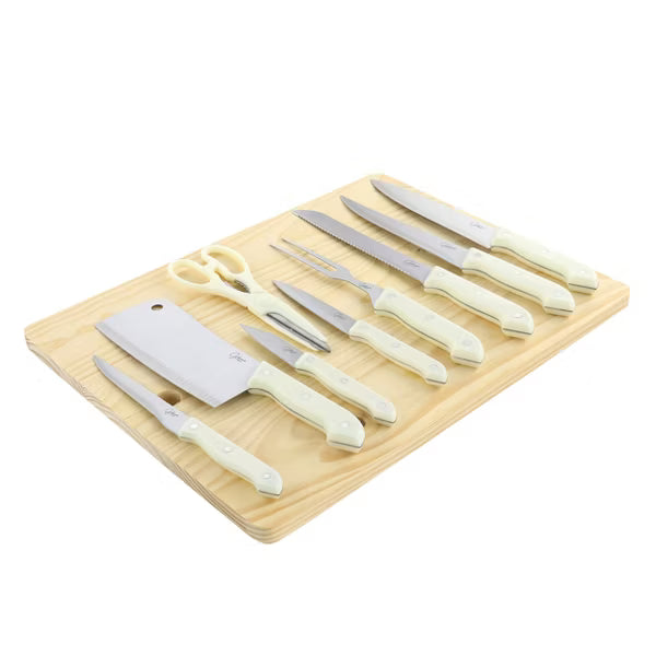 Gibson Home Wildcraft 10pc Stainless Steel Cutlery w/ Wood Cutting Board Set - Full Tang Riveted PP Handle - Clam Pack