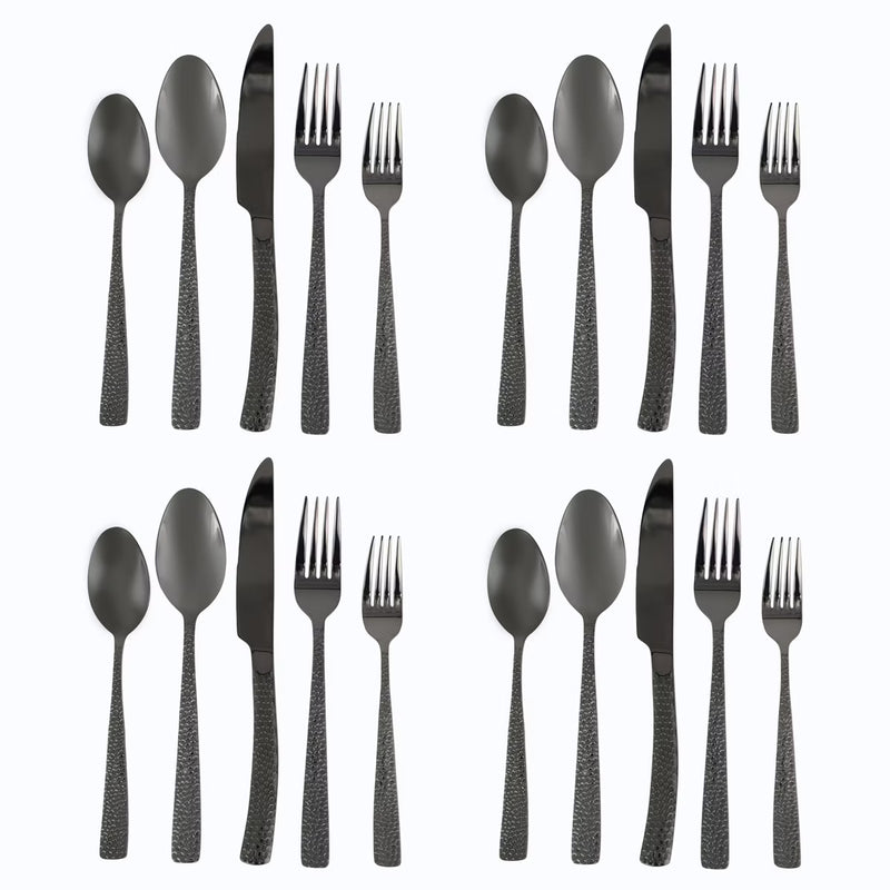 Gibson Elite Stonehenge 20pc Stainless Steel Flatware Set - Hammered Handle - Gift Box Black