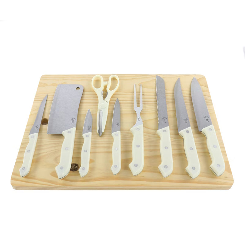 Gibson Home Wildcraft 10pc Stainless Steel Cutlery w/ Wood Cutting Board Set - Full Tang Riveted PP Handle - Clam Pack