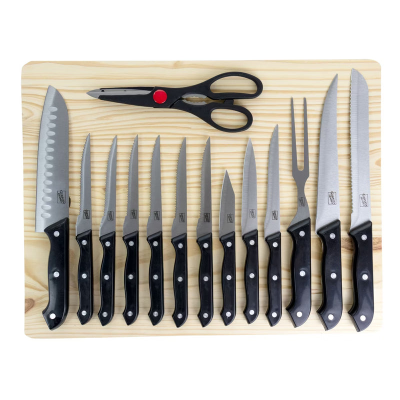 Gibson Home Wildcraft 15pc Stainless Steel Cutlery Set w/ Wood Cutting Board Set - Full Tang Riveted PP Handle - Clam Pack