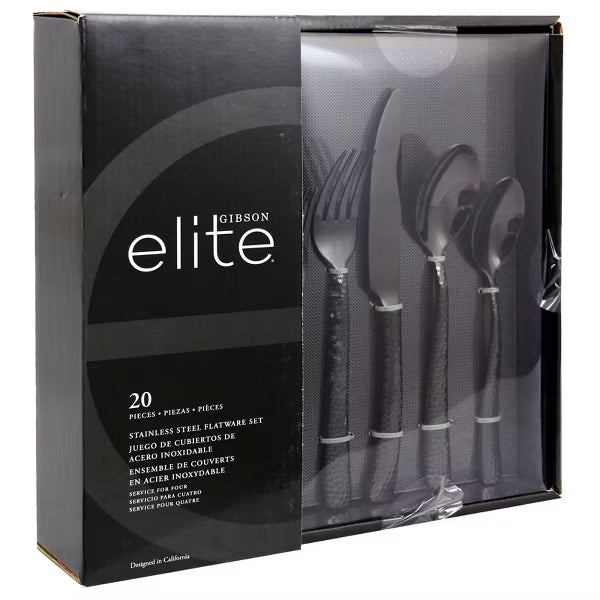 Gibson Elite Stonehenge 20pc Stainless Steel Flatware Set - Hammered Handle - Gift Box Black