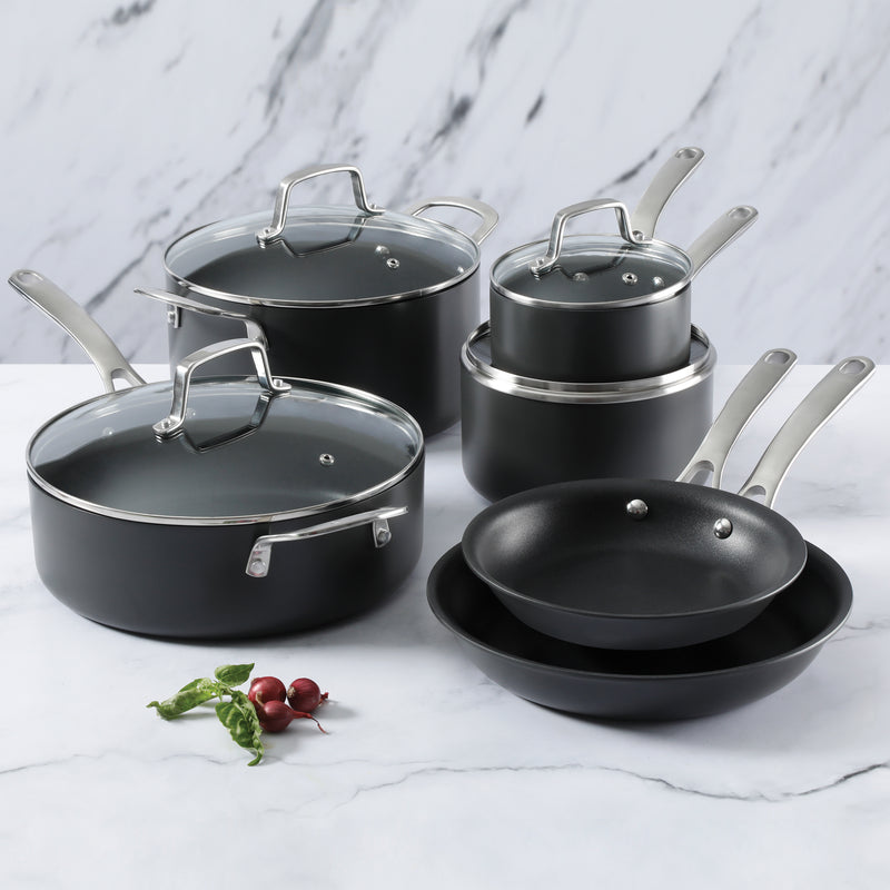 Martha Stewart Bosworth 10pc Hard Anodized Cookware Set - Black - Nonstick Interior - Stainless Steel Cast Handle - Gift Box