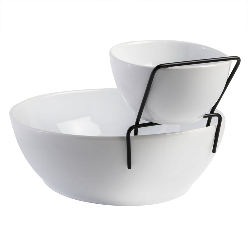 Gibson Elite Gracious Dining 2-Tier Chip & Dip Serving Set w/ Metal Stand - White - Oval - Stoneware - Gift Box