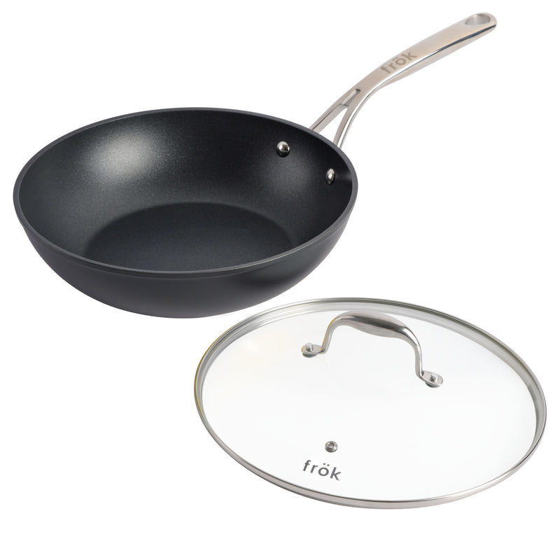 Frok 11" Aluminum Frok (Fry Pan / Wok Hybrid) w/ Glass Lid - Platinum SR Non-Stick - Matte Exterior - Stainless Steel Handle - Colored Remailer