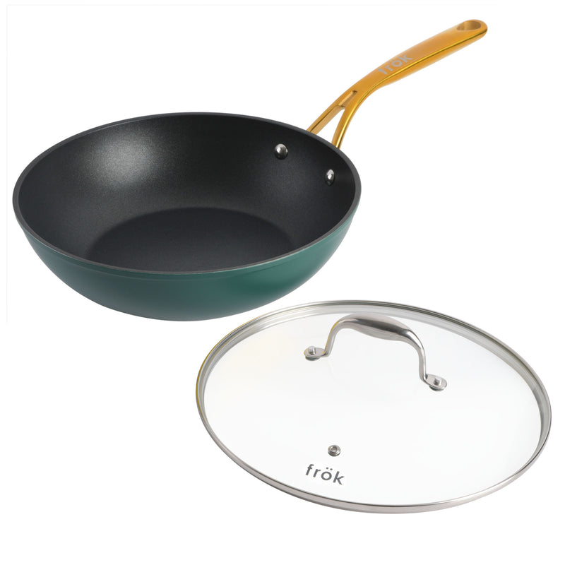 Frok 11" Aluminum Frok (Fry Pan / Wok Hybrid) w/ Glass Lid - Platinum SR Non-Stick - Matte Exterior - Stainless Steel Handle - Colored Remailer