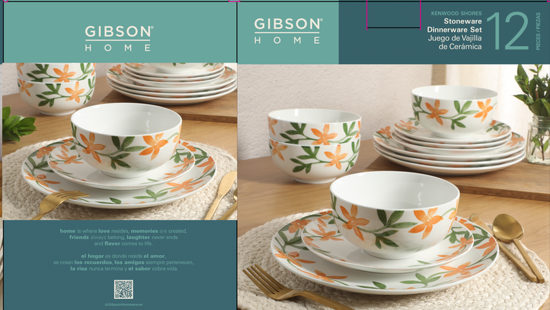 Gibson Home Surrey Hill 12pc Dinnerware Set - Yellow / Green - Decorated - Fine Ceramic - Gift Box