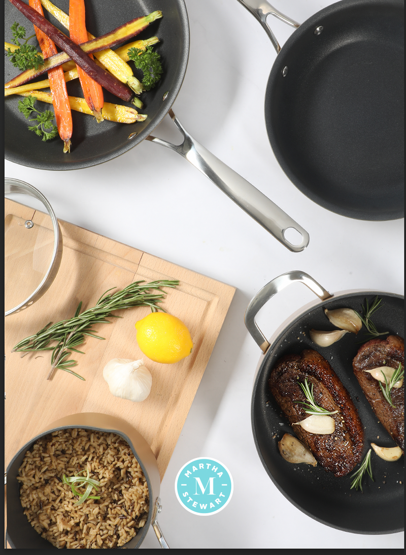 Martha Stewart Rittenhouse 12pc Hard Anodized Aluminum Cookware Set w/ Glass Lids - Bronze - Non-Stick Interior - Stainless Steel Induction Base - Cast Handle - Gift Box w/ Remailer