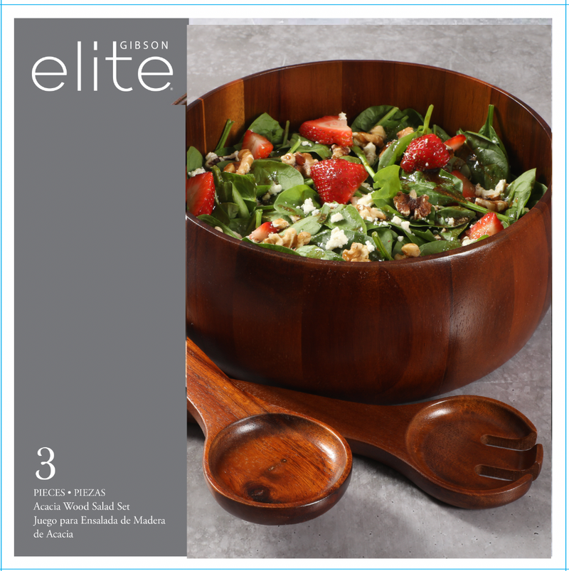 Gibson Elite Gracious Dining 3pc 10.25" x 4" Acacia Wood Salad Bowl Set with 2 Servers - Brown - Gift Box