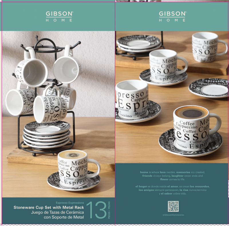 Gibson Home Espresso Expressions 12pc 2.7oz Espresso Cup & Saucer Set w/ Metal Caddy - White/Black - Gift Box