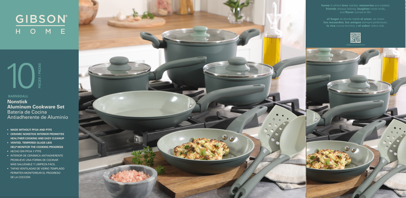 Gibson Home Barnsdall 10pc Aluminum Cookware Set w/ Kitchen Tools & Glass Lid - Grey Ceramic Nonstick Interior - Soft Touch Handle - Gift Box w/ Remailer